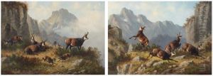Gebirgslandschaft Mit Gamsen (+ Gamsjagd; Pair) by Moritz Mueller the Elder
