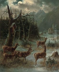 Deer Before An Alpine Village On A Christmas Night by Moritz Mueller the Elder