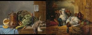 Stilleben Mit Melone, Wirsing, Huhn Und Gemuse Neben Kupferkrug (+ Stilleben Mit Krebs, Gemusekorb, Romer, Krug Und Ente; Pair) by Moritz Mueller the Elder