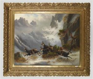 Gemsen Im Schnee Vor Lawine by Moritz Mueller the Elder