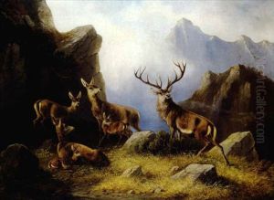 Deer In A Mountainous Landscape by Moritz Mueller the Elder