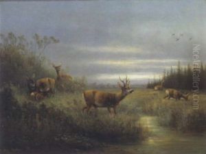 Rotwildrudel Im Abendlicht An Der Tranke by Moritz Mueller the Elder
