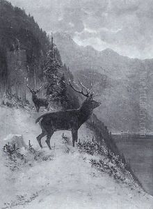 Zwei Hirsche Am Verschneiten Gebirssee by Moritz Mueller the Elder