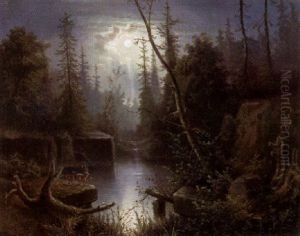 Waldweiher Im Mondlicht Mit Rehen Am Ufer Waldweiher Im Mondlicht Mit Rehen Am Ufer