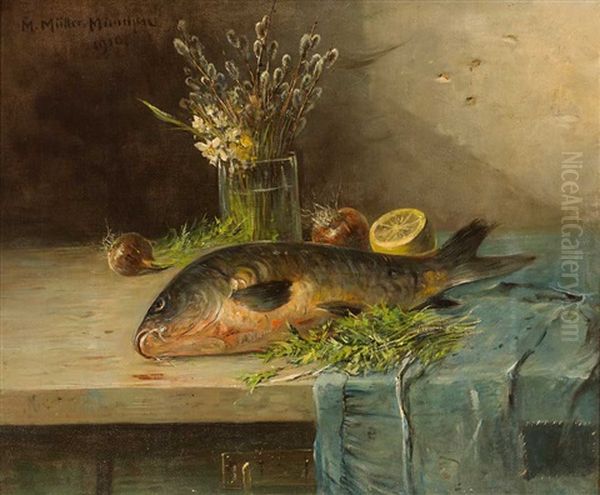 Stilleben Mit Fisch, Zitrone, Zwiebeln Und Weidenkatzchen In Vase - view 1