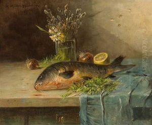 Stilleben Mit Fisch, Zitrone, Zwiebeln Und Weidenkatzchen In Vase