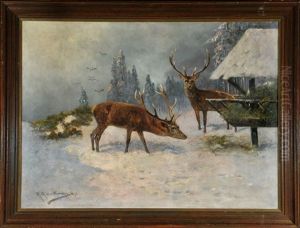 Hirsche Im Verschneiten Wald An Der Futterraffel by Moritz Mueller the Younger