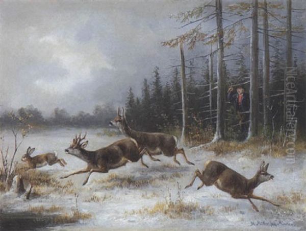 Hase Und Rehe Auf Verschneiter Waldlichtung - view 1