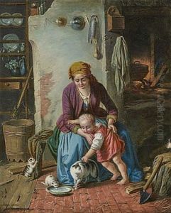 Mutter Mit Kind Beim Futtern Der Katzen by Anton Mueller