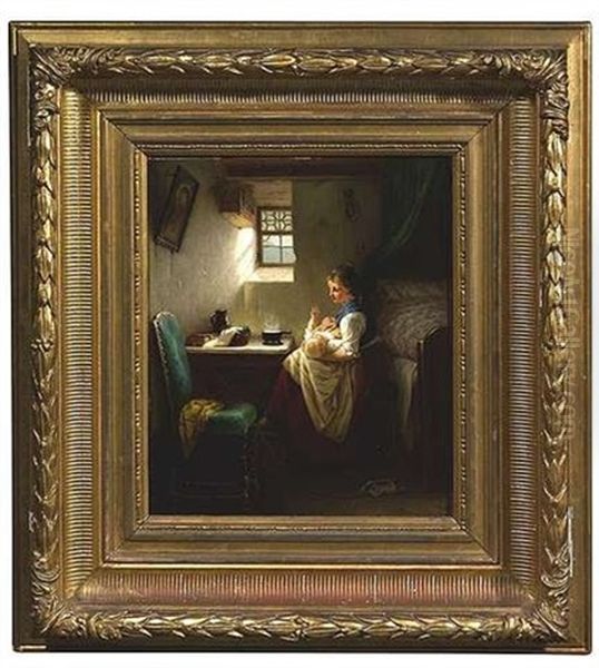 Stubeninterieur Mit Einer Mutter, Die Ihr Kind Auf Dem Arm Wiegt - view 1