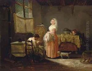 Women And Children In A Kitchen Interior by Marc-Antoine Bilcoq