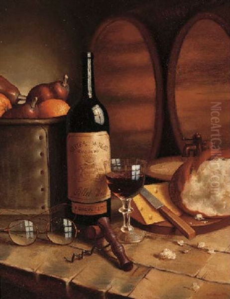 A Bottle Of Chateau Margaux, A Goblet, Fruit, Bread, Cheese And Spectacles On A Table - view 1