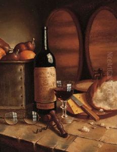 A Bottle Of Chateau Margaux, A Goblet, Fruit, Bread, Cheese And Spectacles On A Table