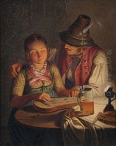 Bauernpaar Beim Zitherspiel Bei Lampenschein