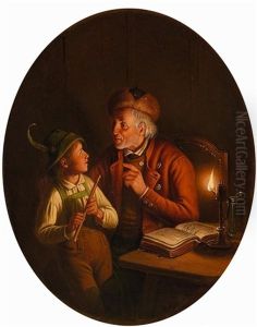Die Melodie: Ein Bub Mit Flote Lauscht Seinem Pfeifenden Grosvater by Carl Friedrich Moritz Mueller