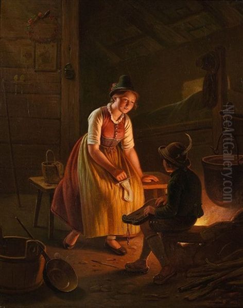 Junge Bauerin Und Bub Mit Zither Am Herdfeuer - view 1