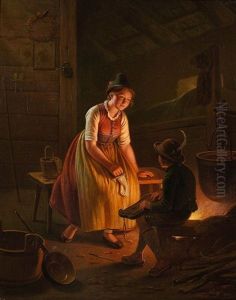 Junge Bauerin Und Bub Mit Zither Am Herdfeuer