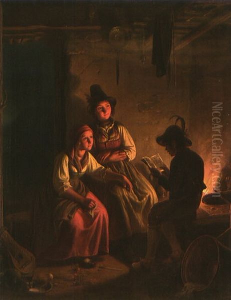 Zwei Junge Madchen In Tracht Lauschen Gebannt Einem Knaben, Der, Vom Herdfeuer Beleuchtet, Aus Einem Eulenspiegel-buch Vorliest - view 1