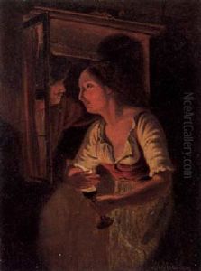 Am Fenster Empfangt Eine Junge Frau Bei Kerzenschein Ihren Liebhaber by Carl Friedrich Moritz Mueller