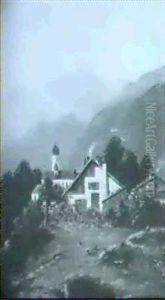 Blick Auf Ein Dorf Im Sommer Vor Steil Ansteigendem Bergmassiv Blick Auf Ein Dorf Im Sommer Vor Steil Ansteigendem Bergmassiv