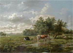 Cows In A Summer Landscape by Albertus Gerardus Bilders