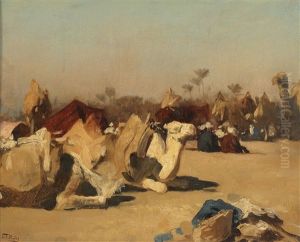 Camels Resting At An Oasis by Carl Leopold Mueller