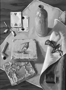 A Still Life With A Frog, Tiles And Playing Cards by Albertus Gerardus Bilders