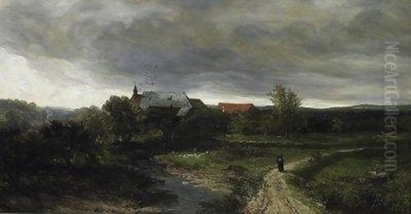 An Old Monastry In A Vast Forest Landscape. Two Monks On A Pathway - view 1