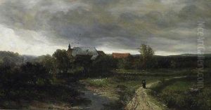 An Old Monastry In A Vast Forest Landscape. Two Monks On A Pathway by Johannes Warnardus Bilders