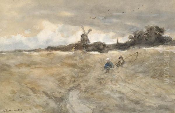 Figures In A Wheat Field With A Mill In The Background - view 1