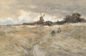 Figures In A Wheat Field With A Mill In The Background by Maria Philippina Bilders-Van Bosse