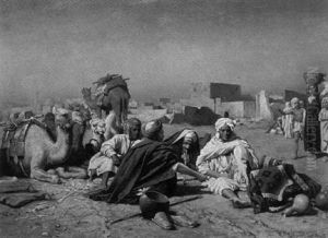 Arabs Seated With Camels In Town Square by Carl Leopold Mueller
