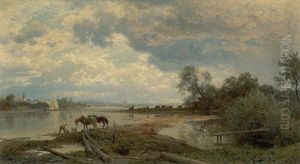 Elblandschaft, Links Das Dorf Hosterwitz Mit Der Kirche Maria Am Wasser by Carl Wilhelm Mueller