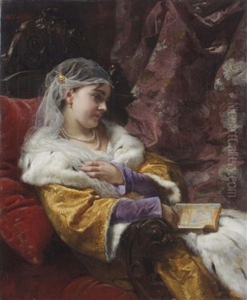Elegant Lady Reading, Seated On A Red Sofa - view 1