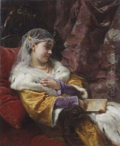 Elegant Lady Reading, Seated On A Red Sofa by Charles Louis Lucien Mueller