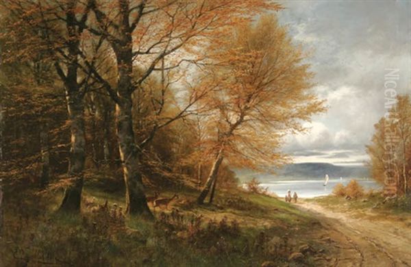 Landscape With Travelers On Path Near Lake And Deer - view 1