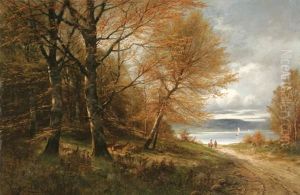 Landscape With Travelers On Path Near Lake And Deer by Eduard Josef Mueller