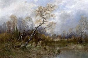 Herbstwald Mit Rehwild Am Ufer by Eduard Josef Mueller