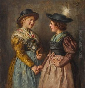 Zwei Dirndl Im Gesprach by Emma (Edle von Seehof) Mueller