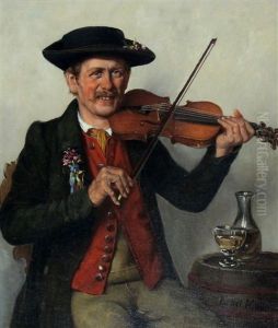 Lachender Musikant In Tracht Mit Bratsche by Ernst Immanuel Mueller