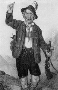 Bayrischer Jager Mit Flinte In Den Bergen by Ernst Immanuel Mueller