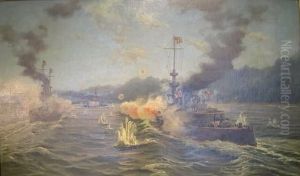 Battleships Engaged In Battle, The "oregon" In Foreground by Frank Christian Muller