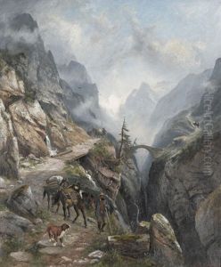Saumer In Walliser Gebirgslandschaft by Franz Adolf Christian Mueller