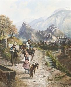 Walliser Familie Auf Dem Weg Nach Sion by Franz Adolf Christian Mueller