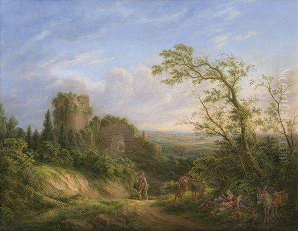 Sudliche Landschaft Mit Einem Wandernden Kunstler Vor Antiken Ruinen - view 1