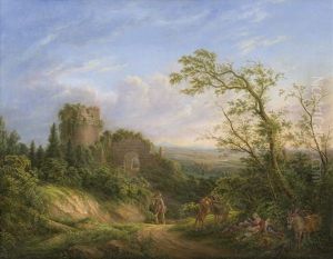 Sudliche Landschaft Mit Einem Wandernden Kunstler Vor Antiken Ruinen by Friedrich Burghard Mueller