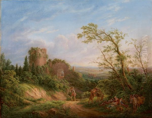 Campagnalandschaft Mit Kunstler Samt Zeichenutensilien Und Landfrau Mit Ihren Kindern Und Einem Esel - view 1