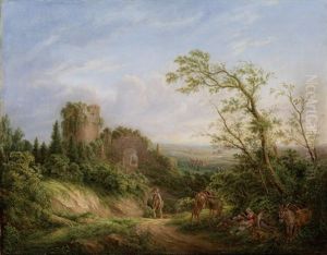 Campagnalandschaft Mit Kunstler Samt Zeichenutensilien Und Landfrau Mit Ihren by Friedrich Burghard Mueller