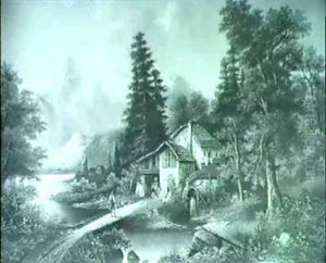 Bewaldete Gebirgslandschaft Mit Muhle An Einem Wasserlauf,  Im Hintergrund Schneebedecktes Gebirsmassiv by Heinrich Eduard Muller