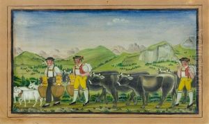 Driving The Cows To The Mountain Pastures, With Alpine Herdsmen Bearing Bells At The Head Of The Cow Train by Johannes Mueller
